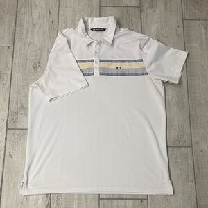 Travis Mathew White Polo with Blue and Gray Stripes